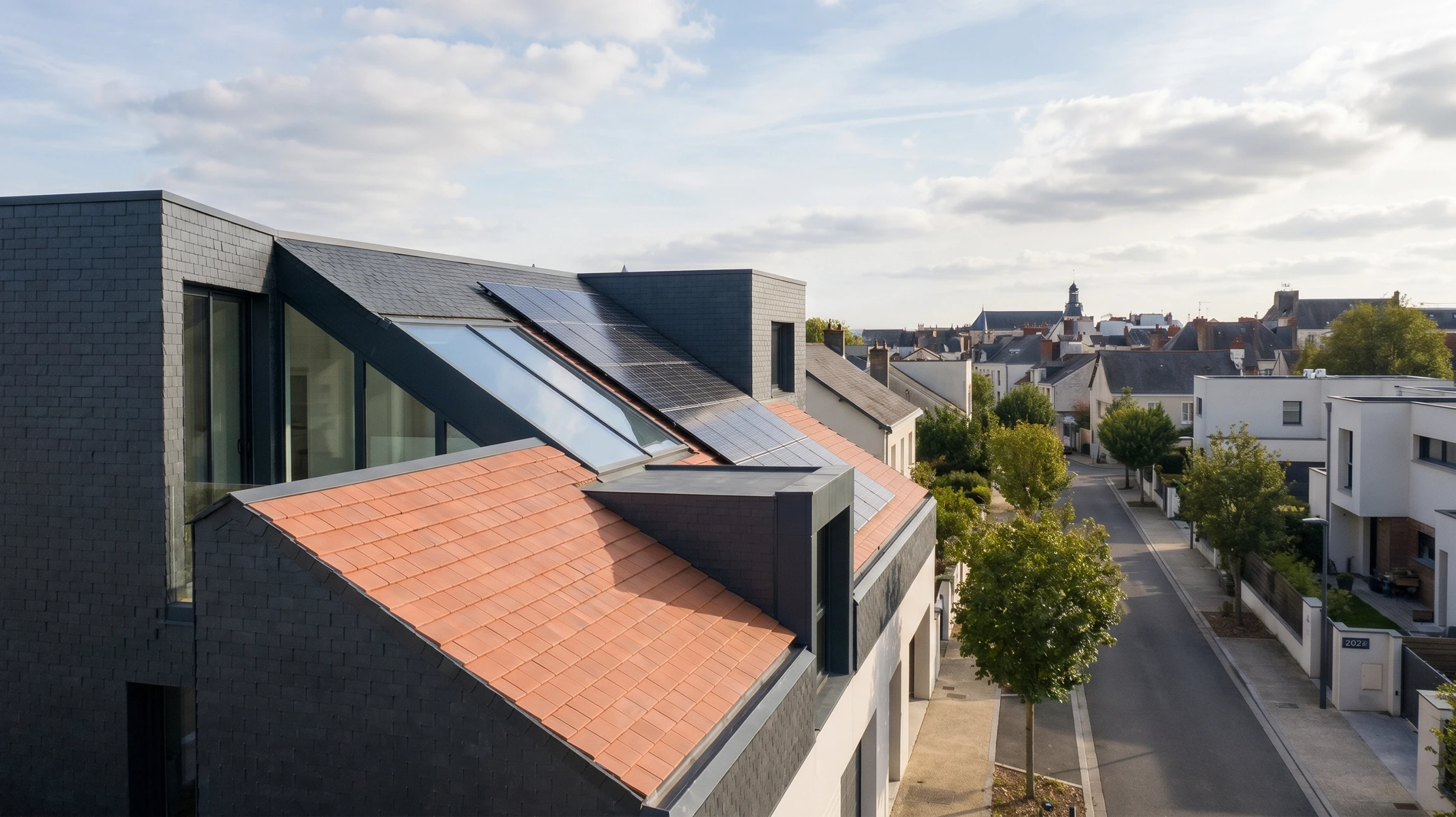 Ouvrier travaillant sur toiture en tuiles fibrociment, effectuant réparation avec marteau et clou