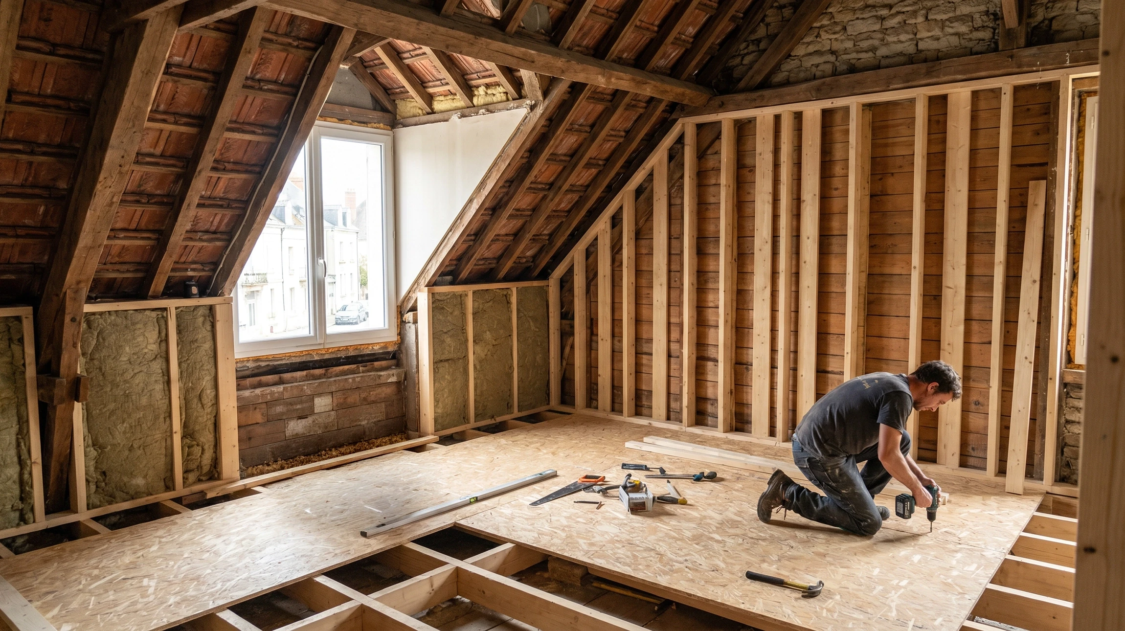 Photographie en grand angle d'une toiture en ardoise haut de gamme fraîchement rénovée, vue depuis l'intérieur d'un comble aménagé. La charpente bois massif est visible dans un état impeccable, supportant les ardoises posées avec soin. La lumière naturelle pénètre par une fenêtre de toit Velux, illuminant les détails de la structure bois et les joints de maçonnerie. L'arrière-plan montre la campagne tourangelle. La scène illustre l'excellence de la pose et rénovation de toitures, combinant l'héritage des techniques artisanales avec la qualité durable des matériaux premium.