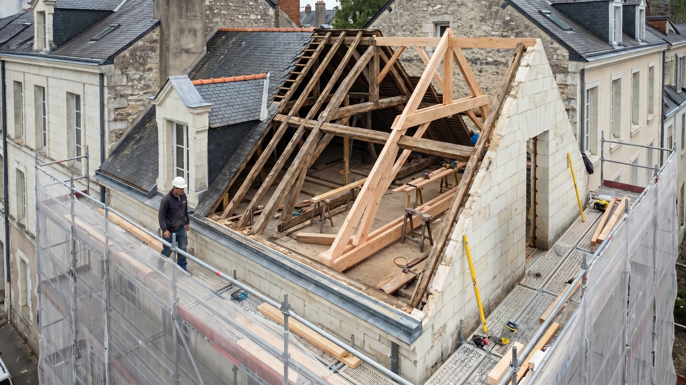 Charpente traditionnelle en bois massif vue de dessous, montrant l'assemblage complexe de poutres principales et secondaires