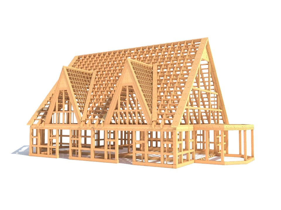 Structure en bois d'une maison individuelle en cours de construction, vue extérieure sur fond blanc